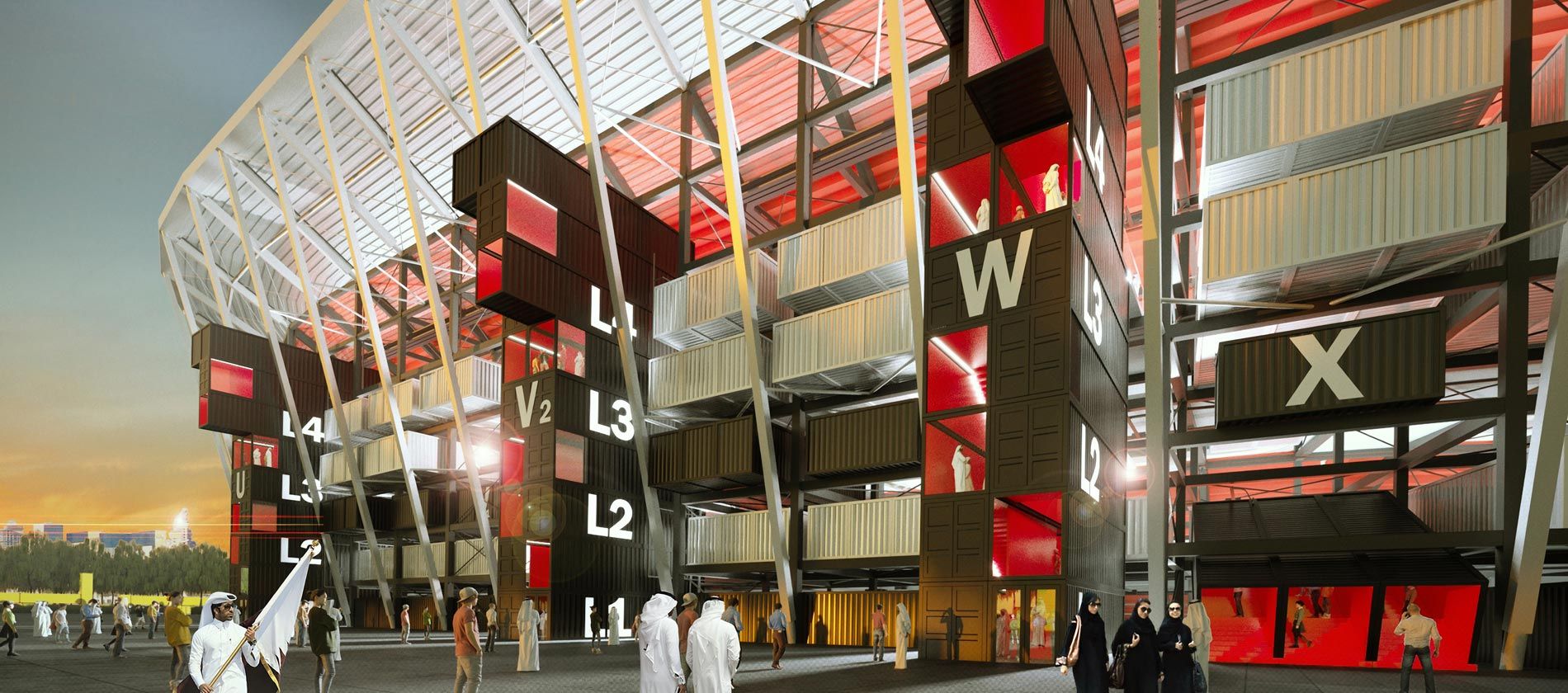 estádio feito com contâiners no Catar